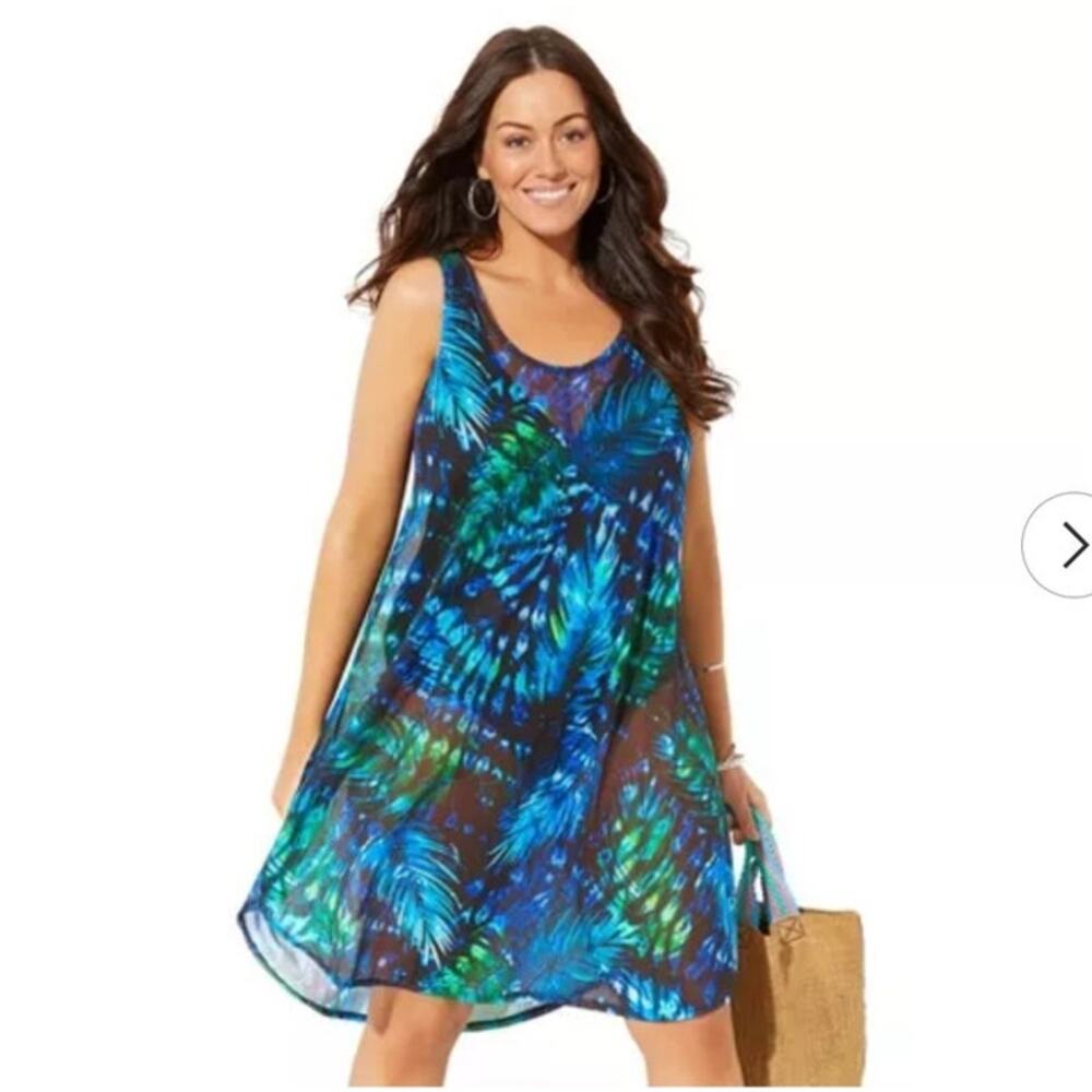 Swimsuits for All Quincy Mesh High Low Cover Up Tunic Palmtastic Print 22/24